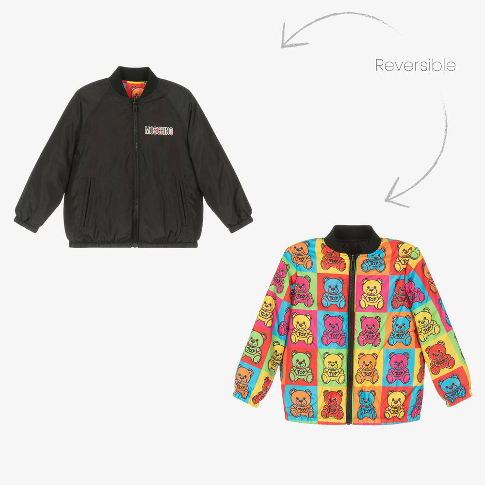 Moschino Kid-Teen - Black Colourful Logo Reversible Bomber Jacket | Childrensalon