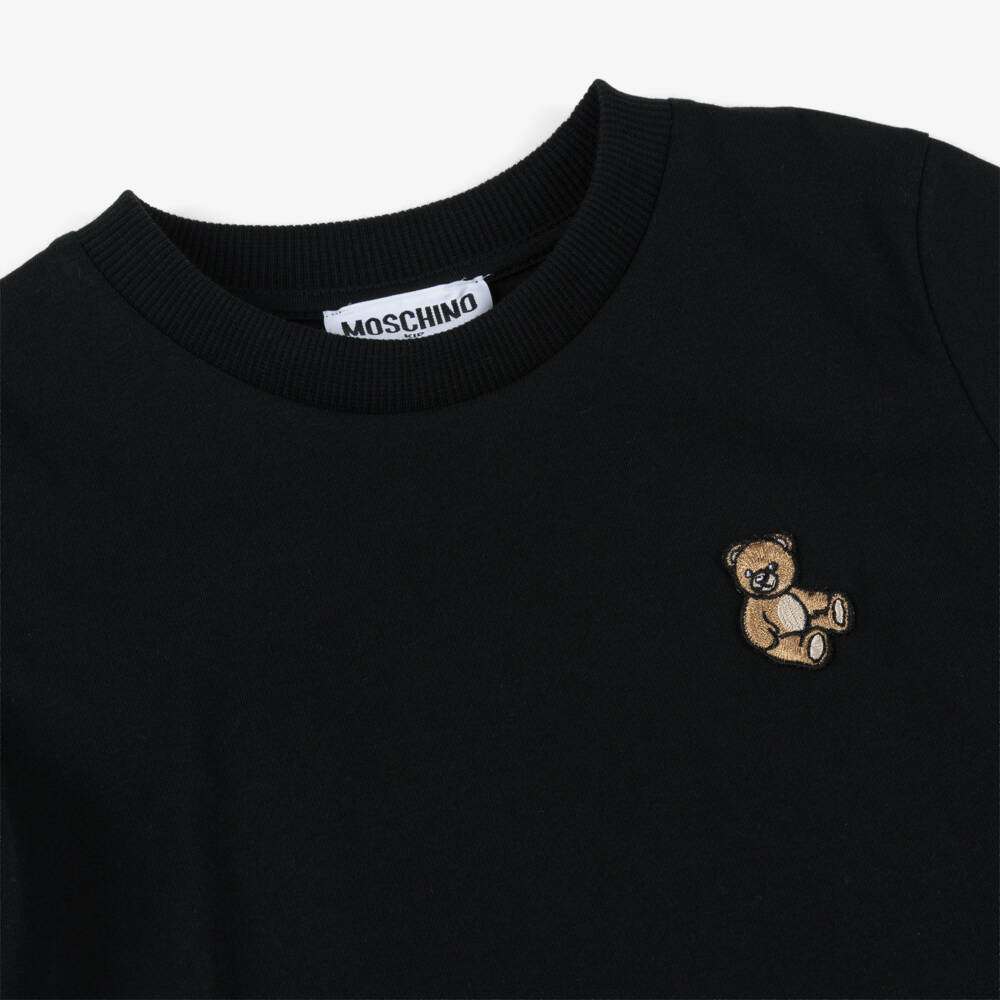 Moschino-Black Cotton T-Shirt with Embroidered Teddy Bear Logo Patch | Childrensalon Outlet