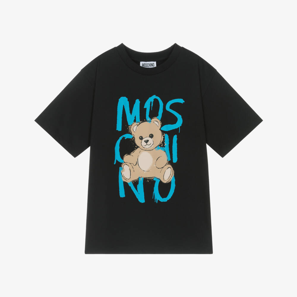 Moschino-Black Cotton Teddy Bear T-Shirt with Graffiti Logo | Childrensalon Outlet