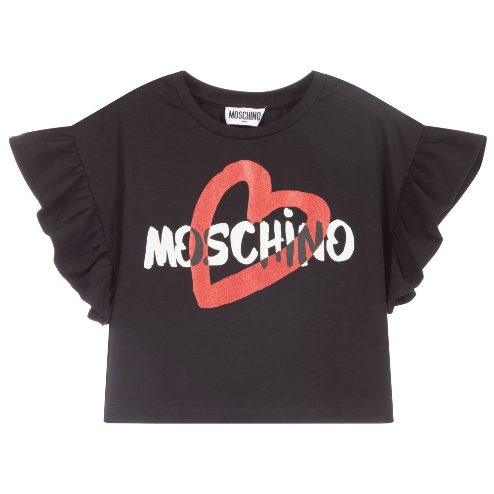 Moschino Kid-Teen - تيشيرت كروب قطن جيرسي لون أسود، أحمر وأبيض للبنات | Childrensalon