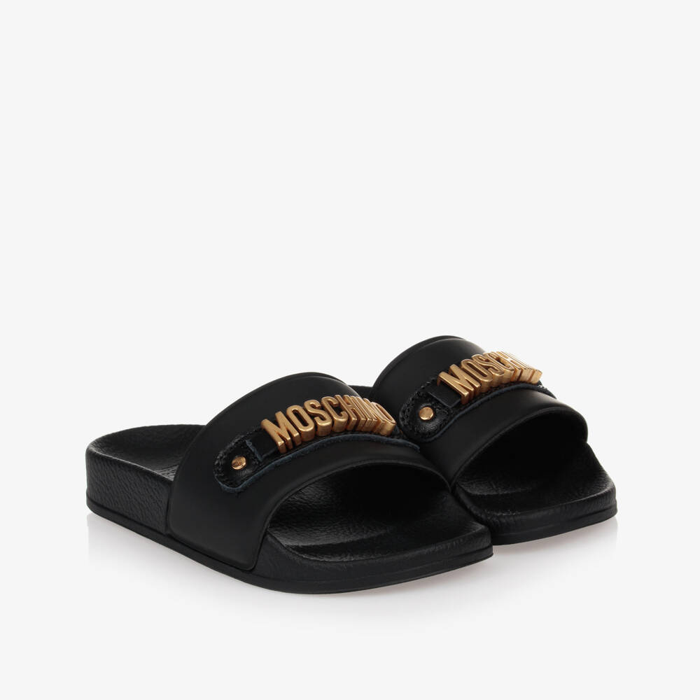Moschino Kid-Teen-Black & Gold Metal Logo Sliders | Childrensalon Outlet