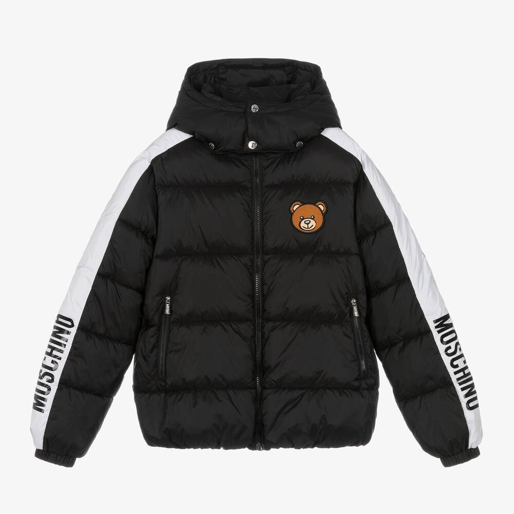 Moschino Kid-Teen - Black Hooded Teddy Bear Logo Puffer Jacket | Childrensalon