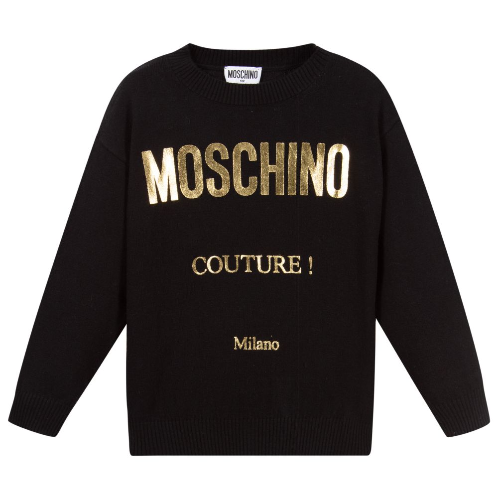 Moschino Kid-Teen - كنزة مزيج قطن وصوف لون أسود وذهبي للبنات | Childrensalon