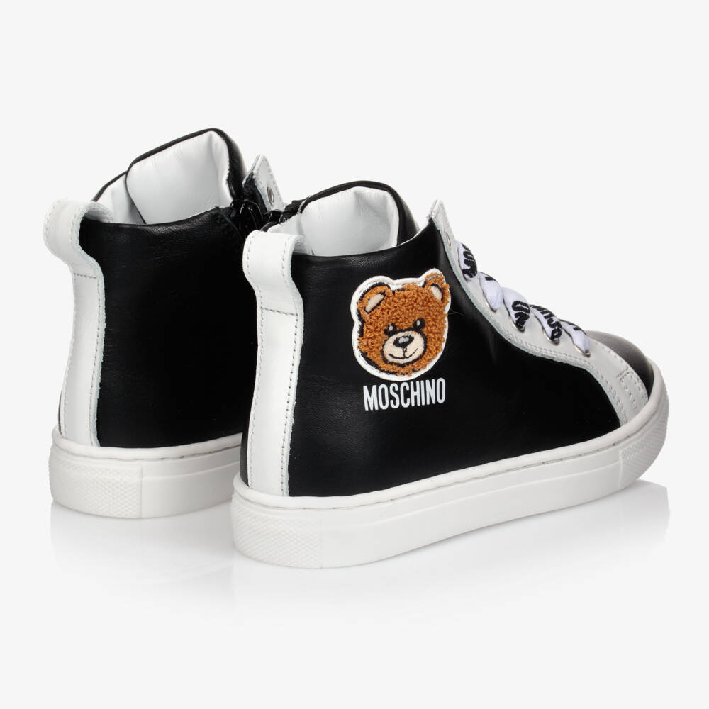 Moschino Kid-Teen-Black Leather High-Top Teddy Logo Trainers | Childrensalon Outlet