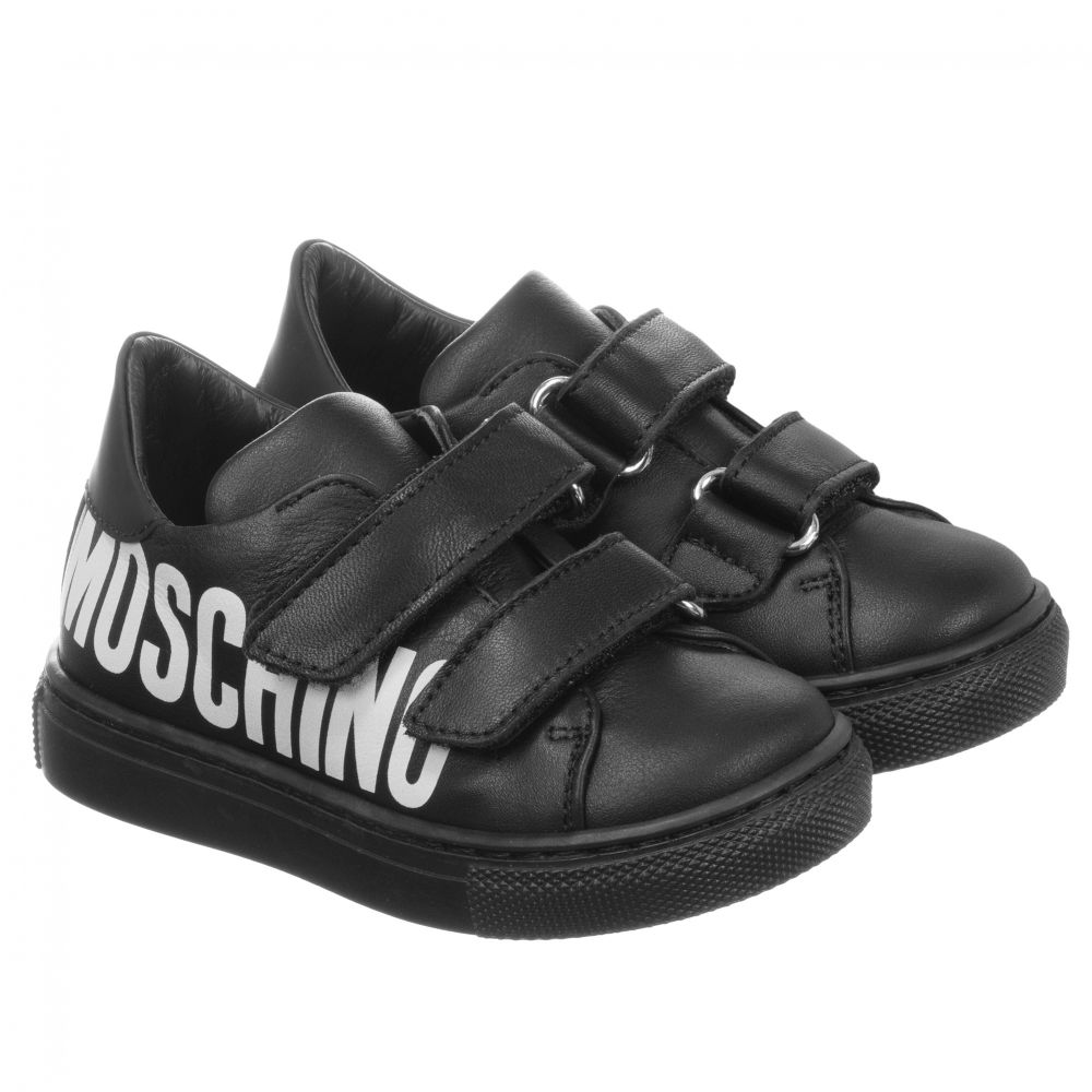 Moschino Kid-Teen - Черные кожаные кроссовки с логотипом | Childrensalon