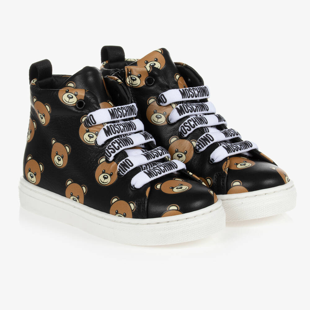 Moschino Kid-Teen - Black Leather Logo Trainers | Childrensalon