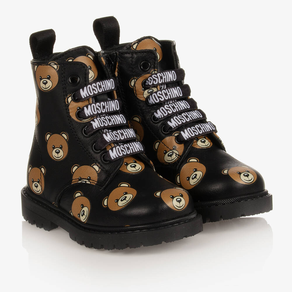 Moschino Kid-Teen - Schwarze Lederstiefel mit Teddys | Childrensalon