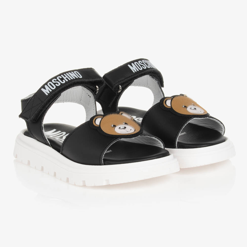 Moschino Kid-Teen - Black Leather Teddy Bear Logo Sandals | Childrensalon