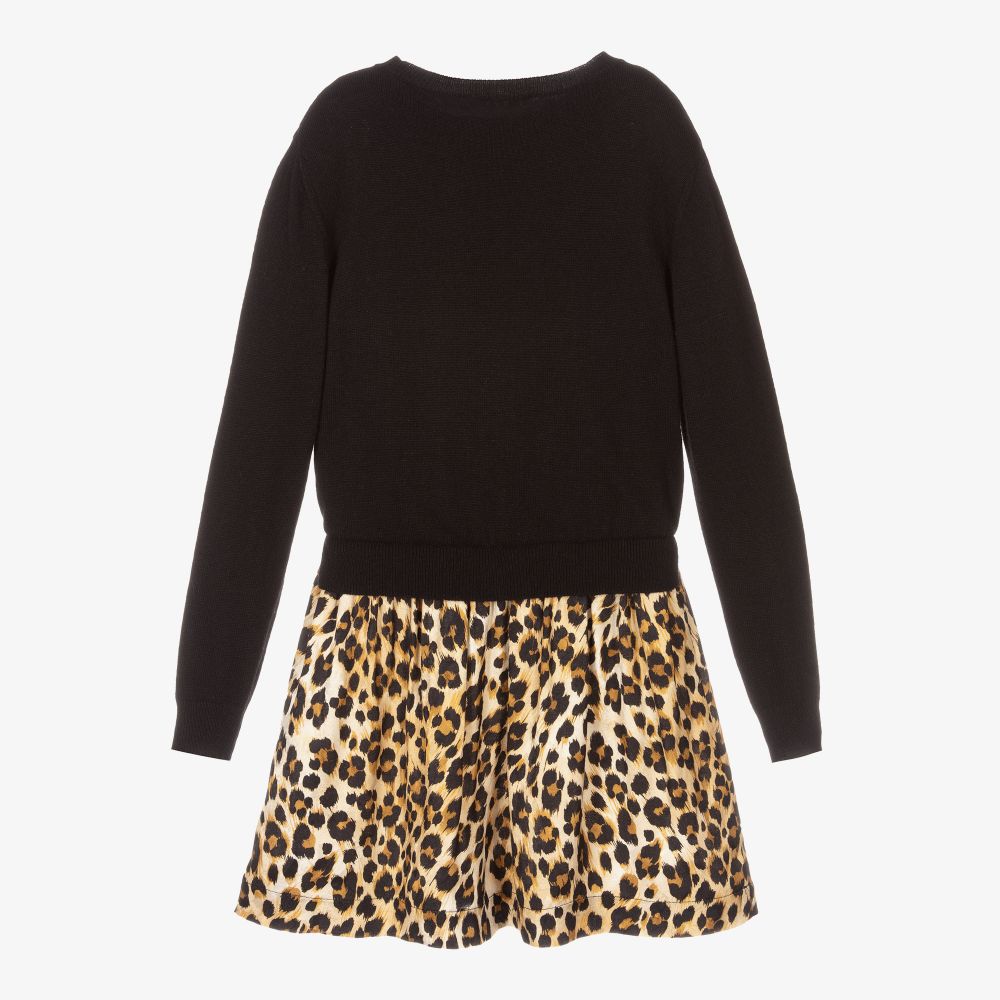 موسكينو Kid-Teen-فستان مزيج صوف محبوك وقطن لون أسود بطبعة فهد | Childrensalon Outlet