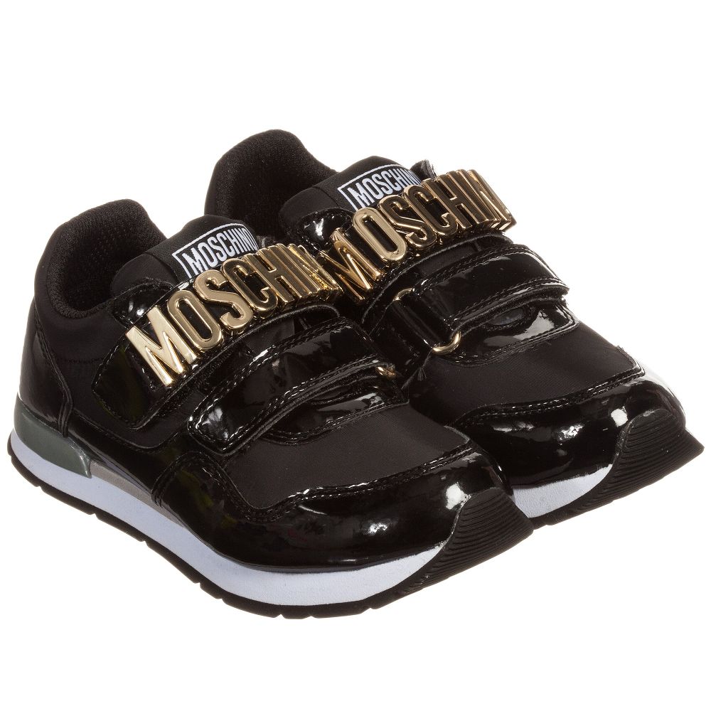 Moschino Kid-Teen - Black Patent Trainers with Gold Logo | Childrensalon