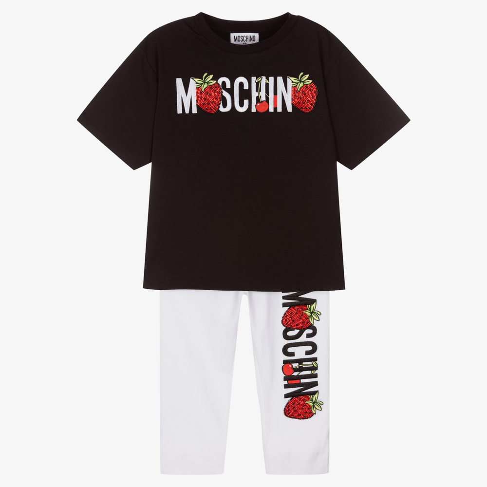 Moschino Kid-Teen - طقم ليغنغز قطن جيرسي لون أسود وأبيض للبنات | Childrensalon