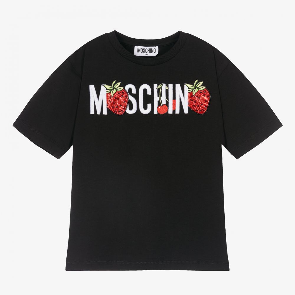 Moschino Kid-Teen - Schwarzes Maxi-T-Shirt mit Erdbeeren | Childrensalon
