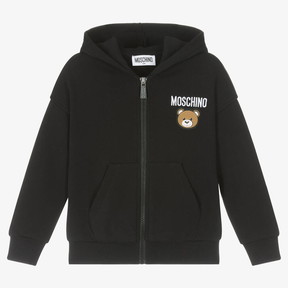 Moschino Kid-Teen - توب هودي بسحَّاب بطبعة تيدي بير قطن لون أسود | Childrensalon