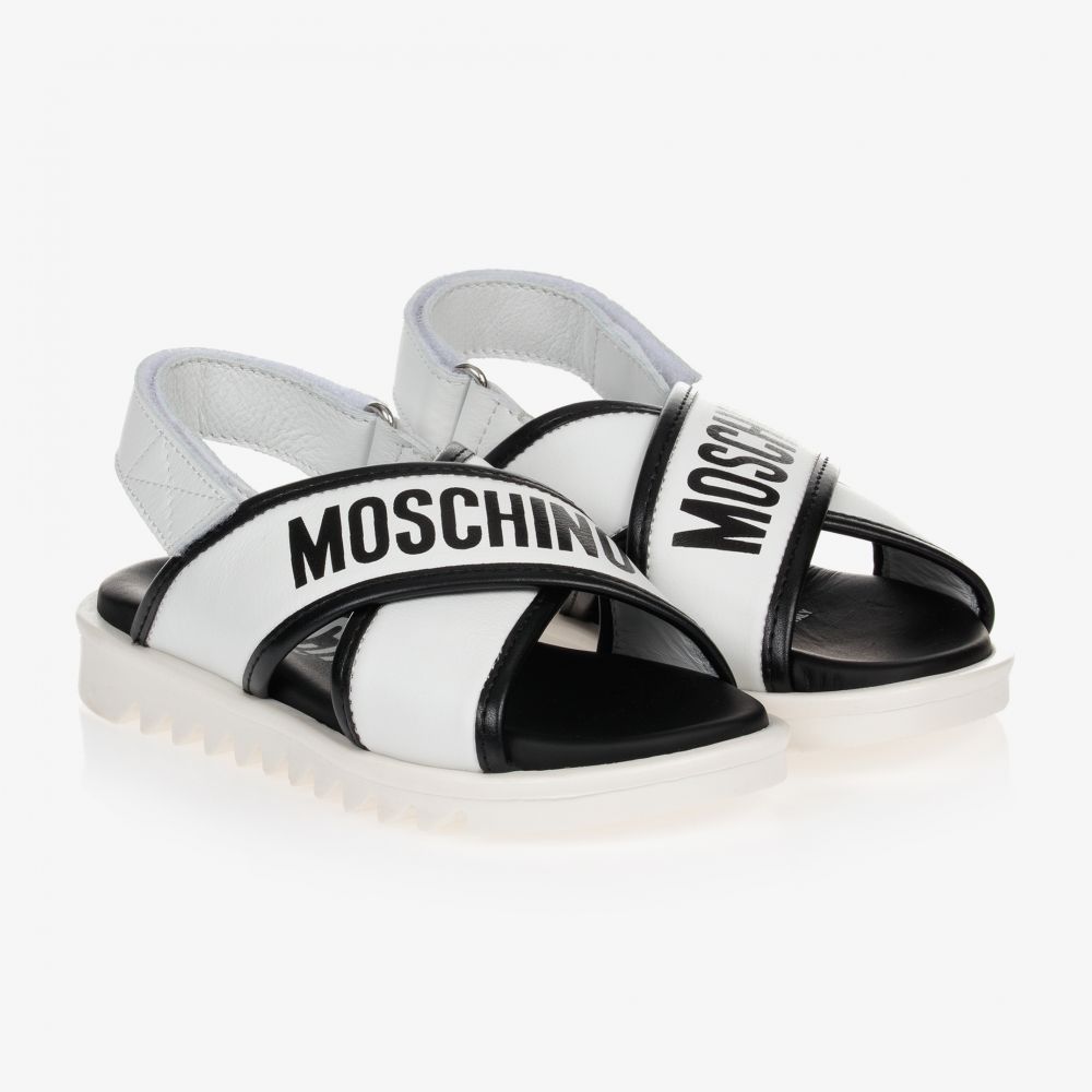 Moschino Kid-Teen - Черно-белые кожаные сандалии | Childrensalon
