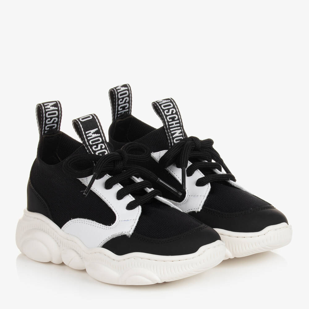 Moschino Kid-Teen - Black & White Leather Trainers | Childrensalon