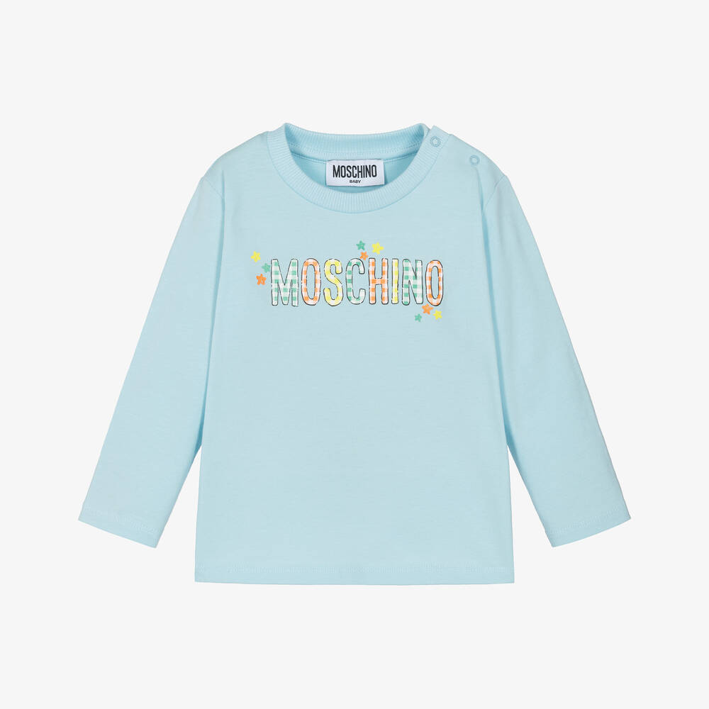 Moschino Baby-Blue Cotton Gingham Logo Top | Childrensalon Outlet