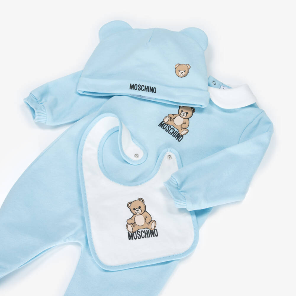 Moschino-Blue Cotton Jersey Teddy Bear Logo Babysuit Set | Childrensalon Outlet