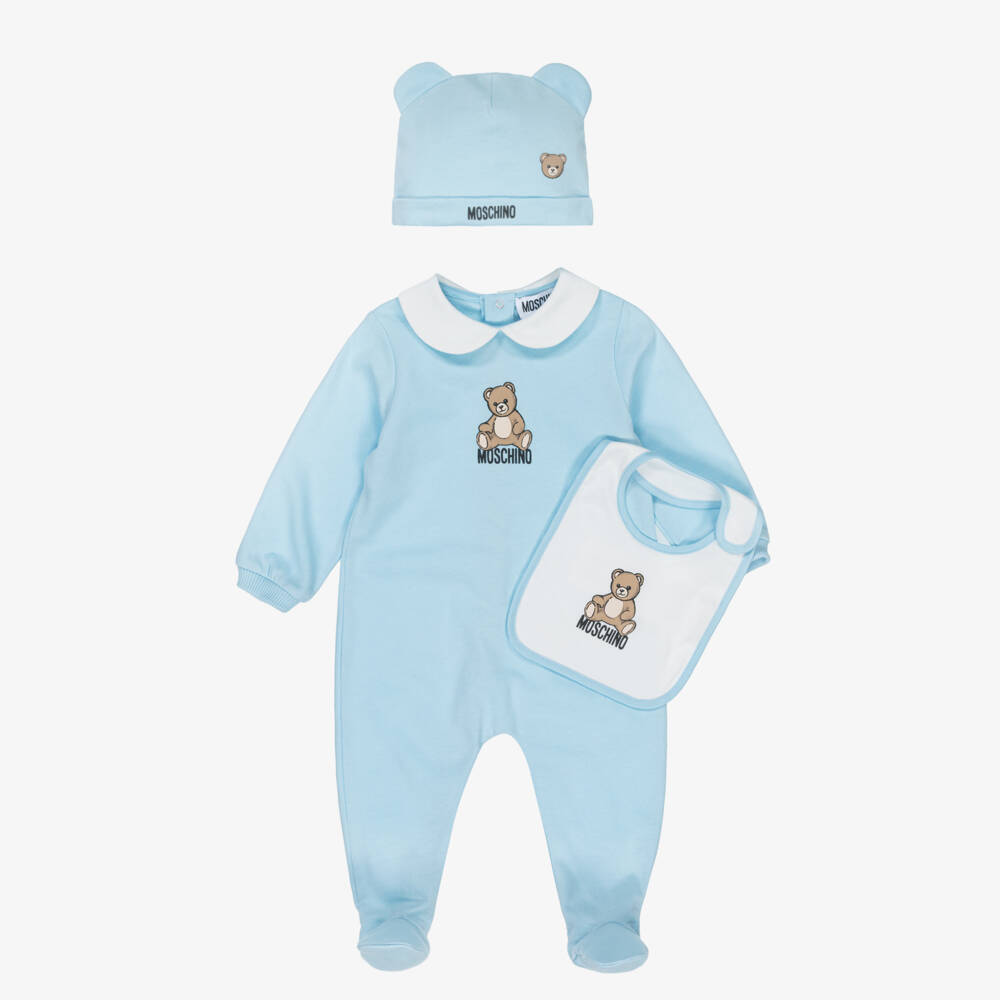 Moschino-Blue Cotton Jersey Teddy Bear Logo Babysuit Set | Childrensalon Outlet