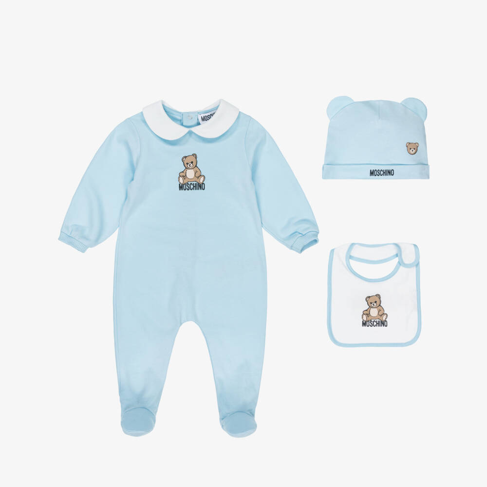 Moschino-Blue Cotton Jersey Teddy Bear Logo Babysuit Set | Childrensalon Outlet