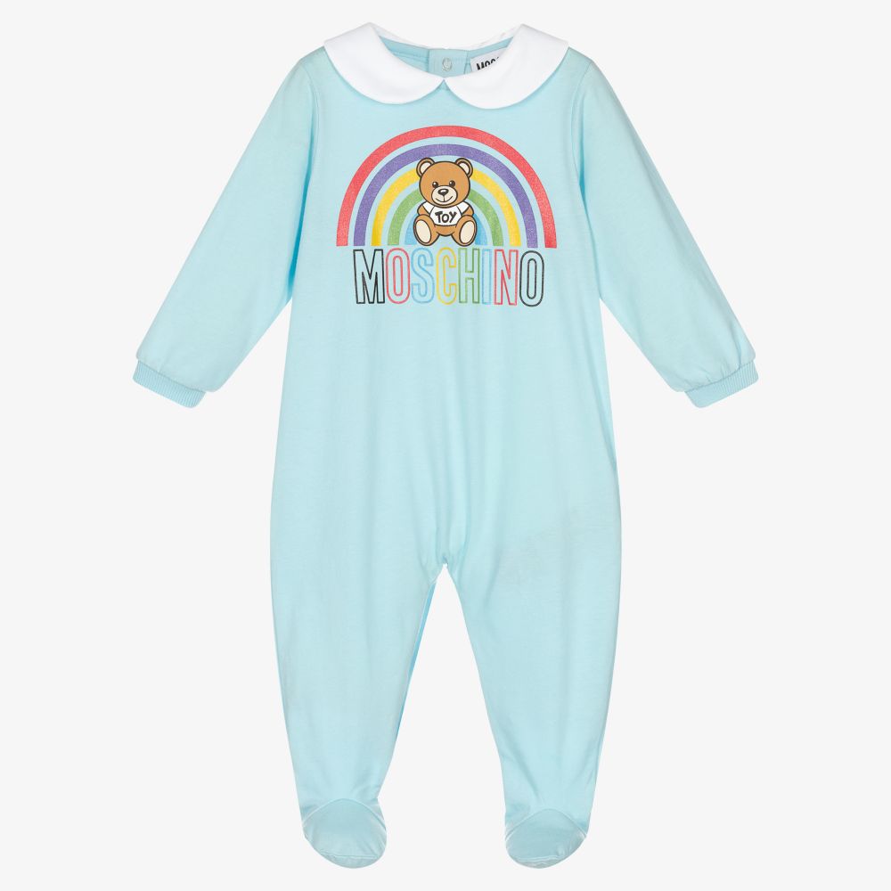 Moschino Baby - Blue Cotton Logo Babygrow | Childrensalon