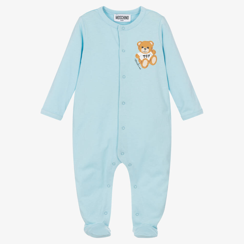 Moschino Baby - Blue Cotton Logo Babygrow | Childrensalon