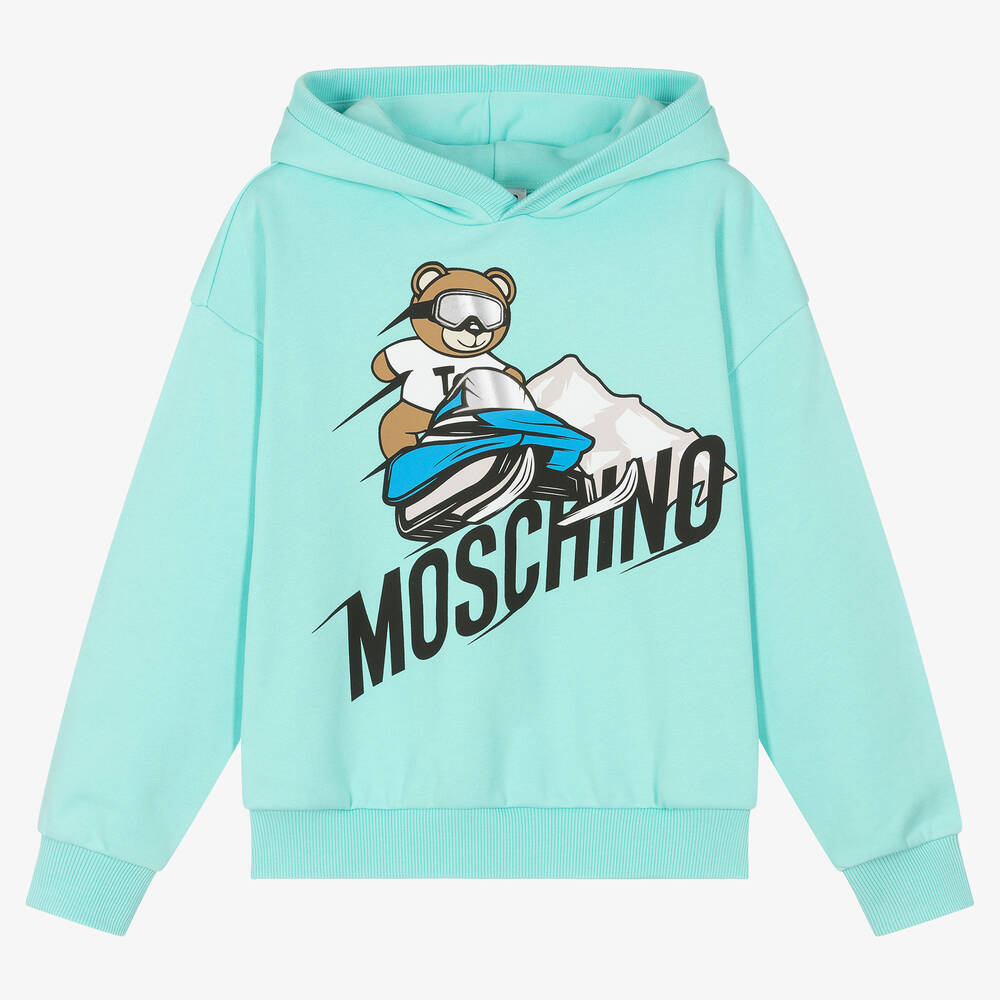 Moschino Kid-Teen - توب هودي بطبعة تيدي بير قطن لون أزرق أكوا | Childrensalon