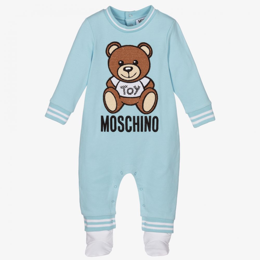 Moschino Baby - Голубой хлопковый комбинезон с медвежонком для малышей | Childrensalon