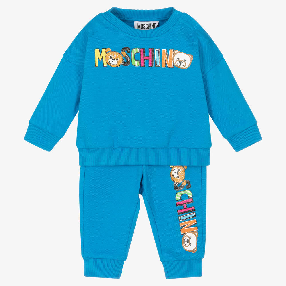 Moschino Baby - بدلة رياضية بطبعة تيدي بير قطن بيكيه لون أزرق للأطفال | Childrensalon