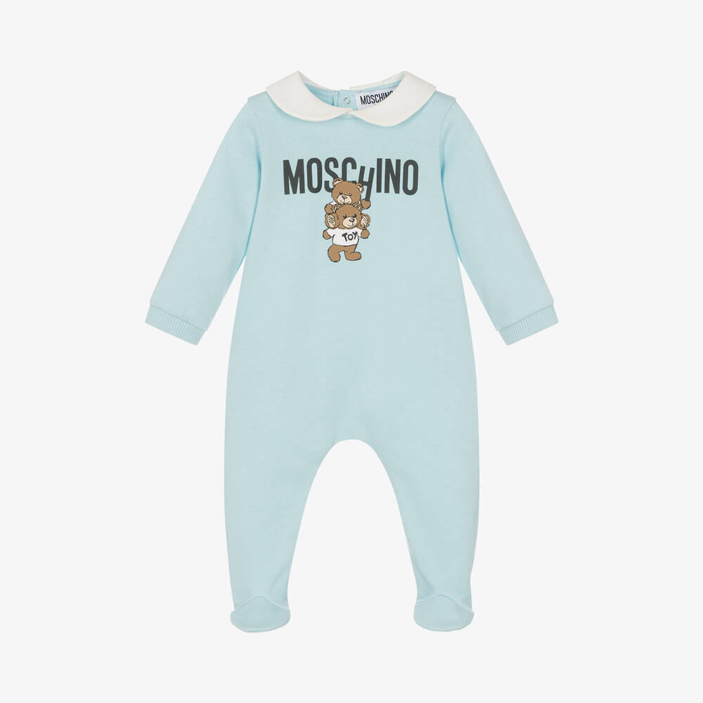 Moschino Baby-Blue Cotton Teddy Logo Babygrow | Childrensalon Outlet