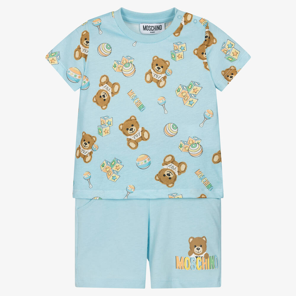 Moschino Baby - Blue Cotton Teddy Logo Shorts Set | Childrensalon