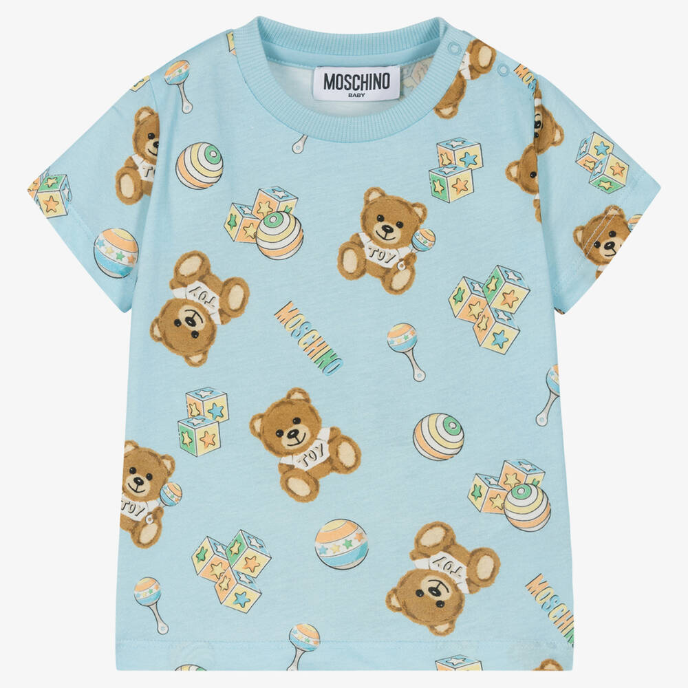 Moschino Baby - Blue Cotton Teddy Logo T-Shirt | Childrensalon