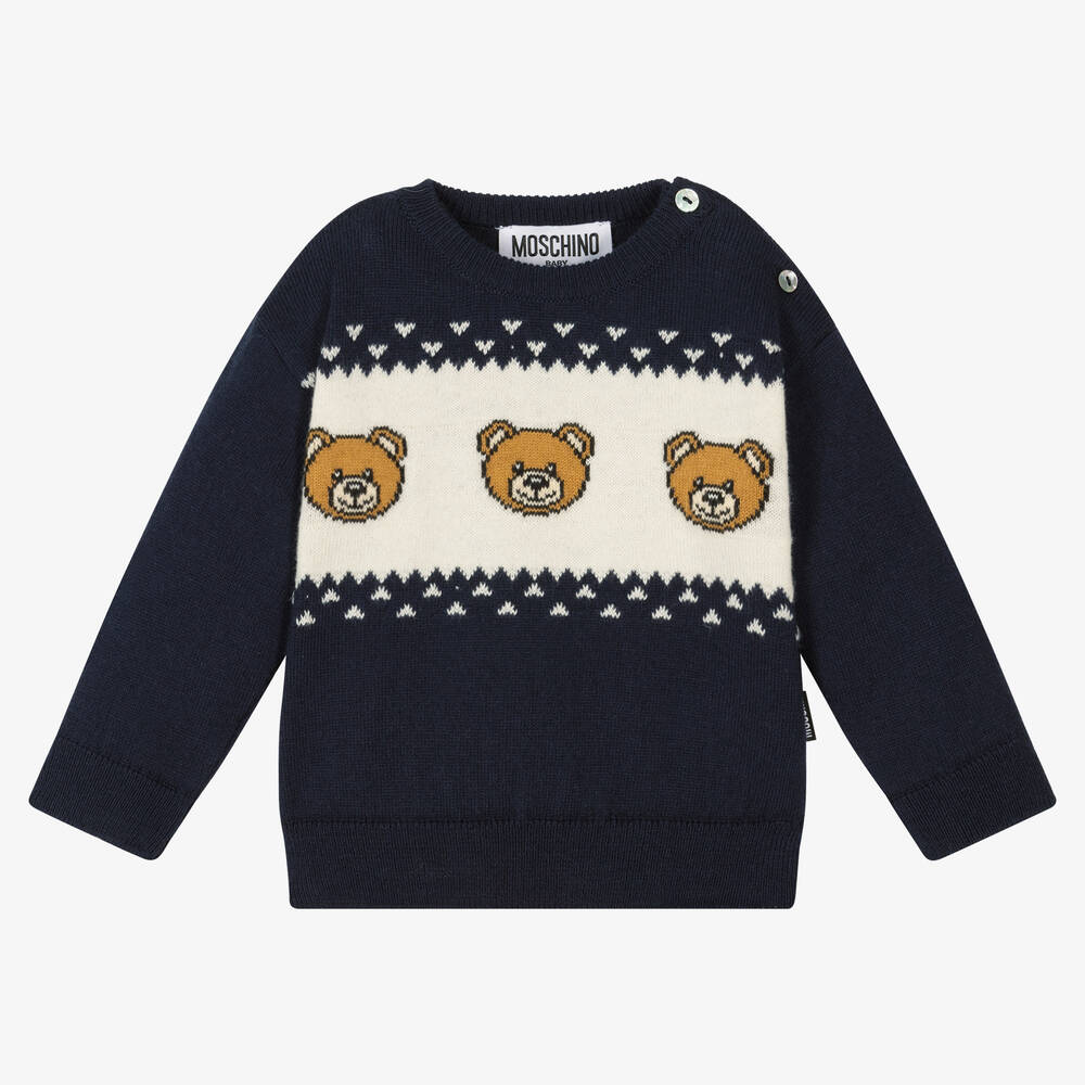 Moschino Baby - Синий свитер из хлопка и шерсти с медвежатами | Childrensalon