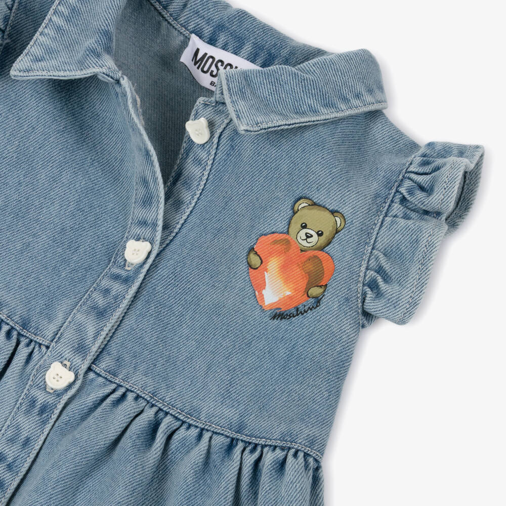 Moschino-Blue Denim With Heart Bear Logo Dress | Childrensalon Outlet