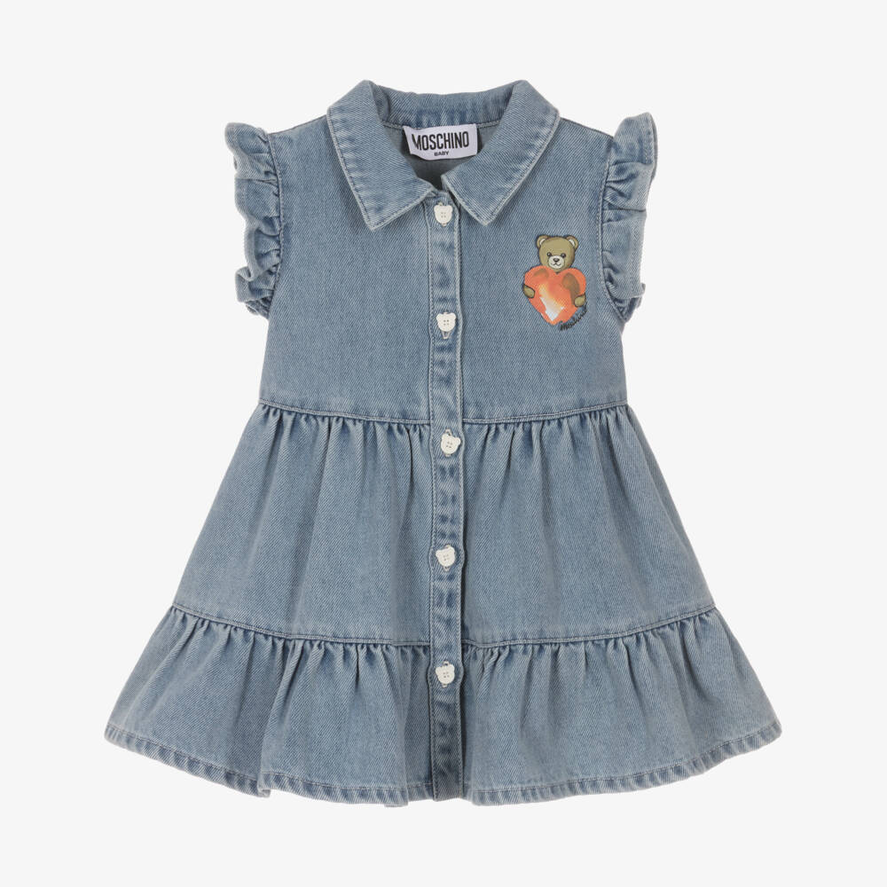 Moschino-Blue Denim With Heart Bear Logo Dress | Childrensalon Outlet