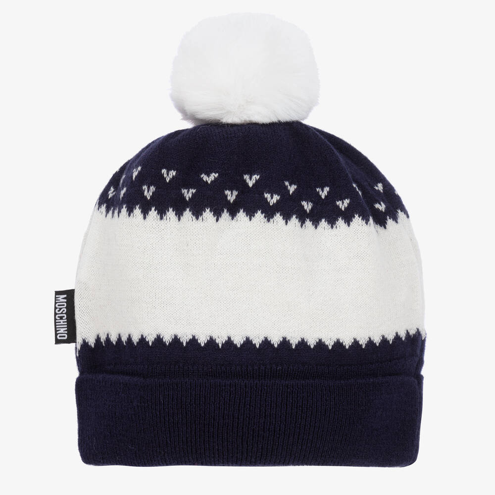 Moschino Малыши-Кремово-синяя трикотажная шапочка с медвежонком | Childrensalon Outlet