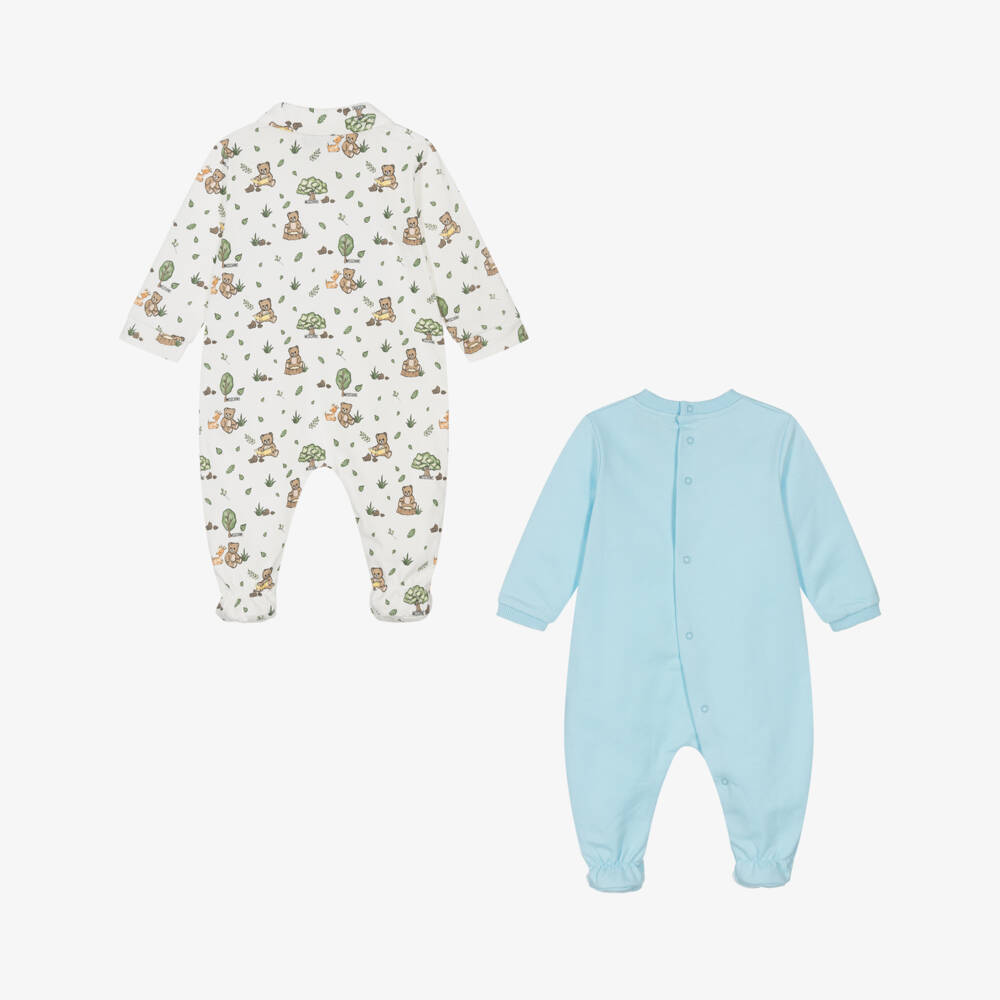 Moschino-Blue & Ivory Cotton Teddy Bear Babygrows (2 Pack) | Childrensalon Outlet