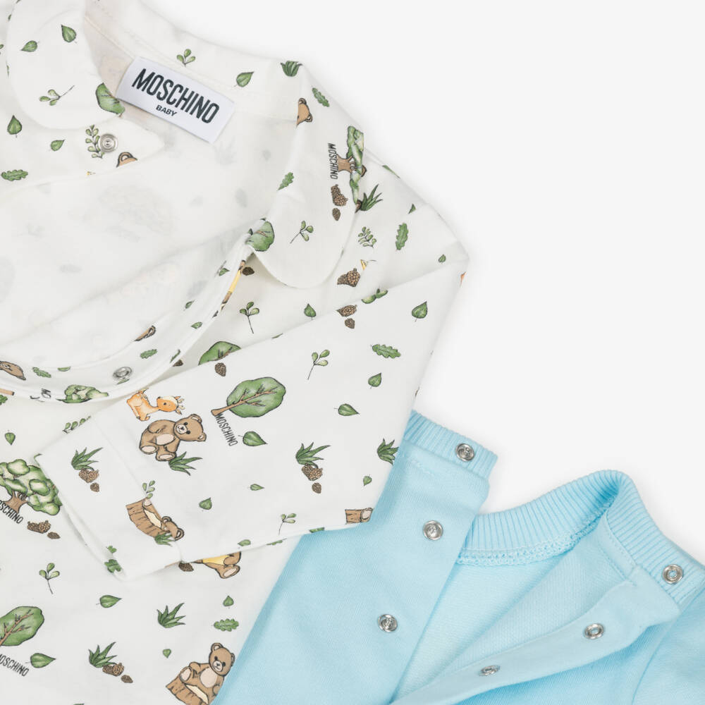 Moschino-Blue & Ivory Cotton Teddy Bear Babygrows (2 Pack) | Childrensalon Outlet