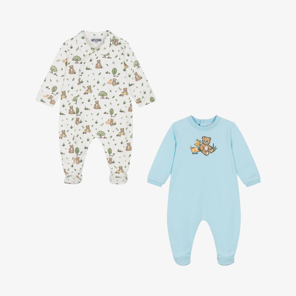 Moschino-Blue & Ivory Cotton Teddy Bear Babygrows (2 Pack) | Childrensalon Outlet