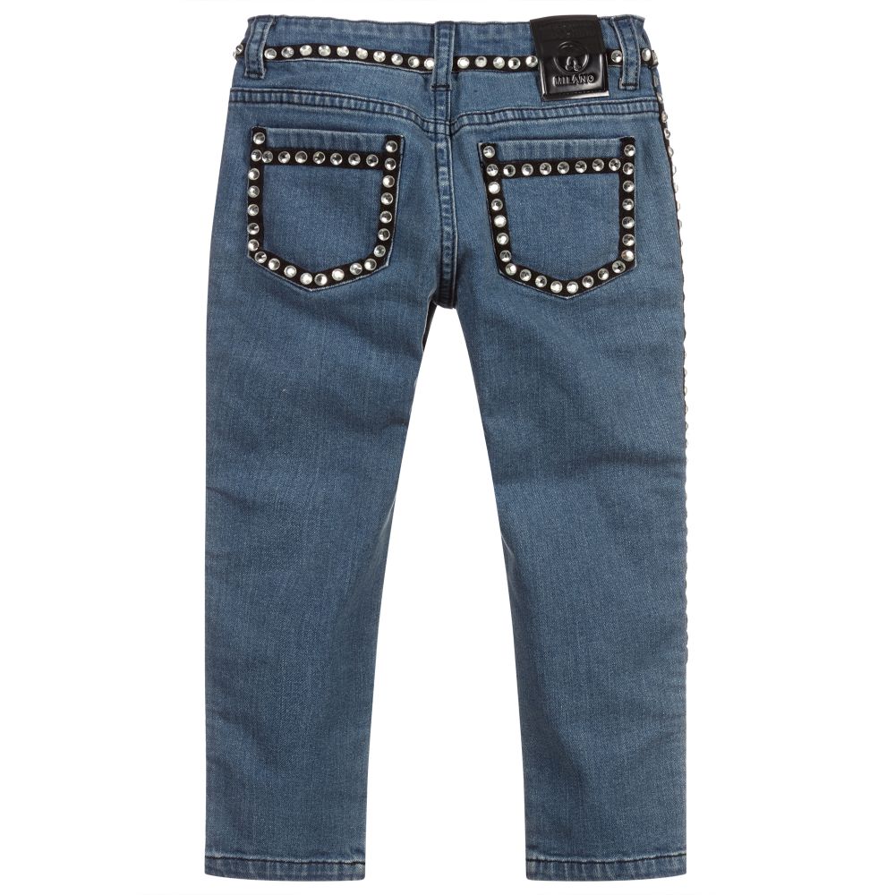 Moschino Kid-Teen-Blue Rhinestone Logo Jeans | Childrensalon Outlet