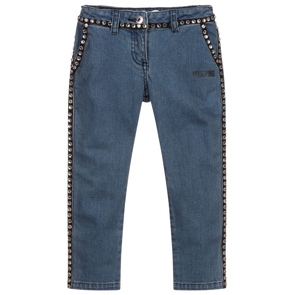 Moschino Kid-Teen - Blue Rhinestone Logo Jeans | Childrensalon