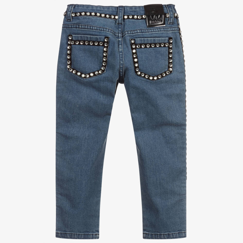 Moschino Kid-Teen-Blue Rhinestone Logo Jeans | Childrensalon Outlet