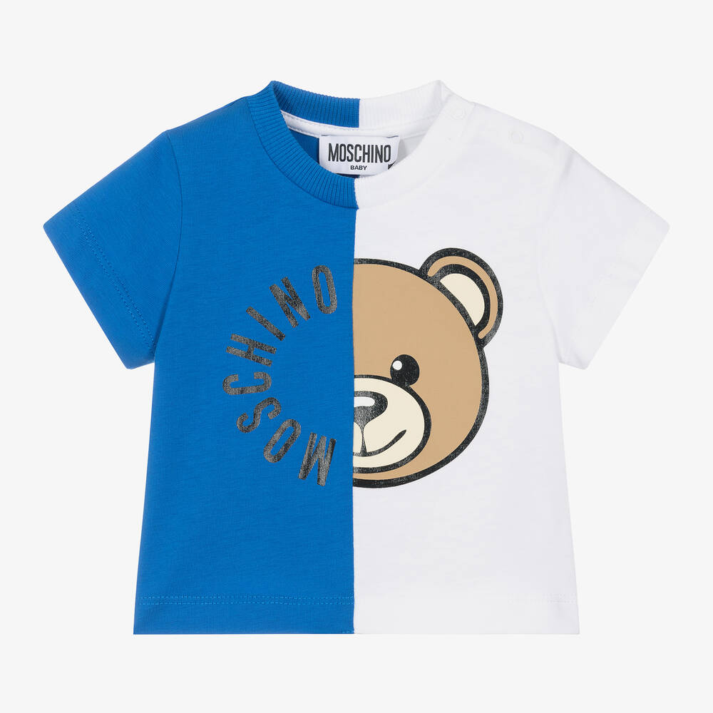 Moschino Baby-Blue & White Cotton Teddy Bear Baby T-Shirt | Childrensalon Outlet