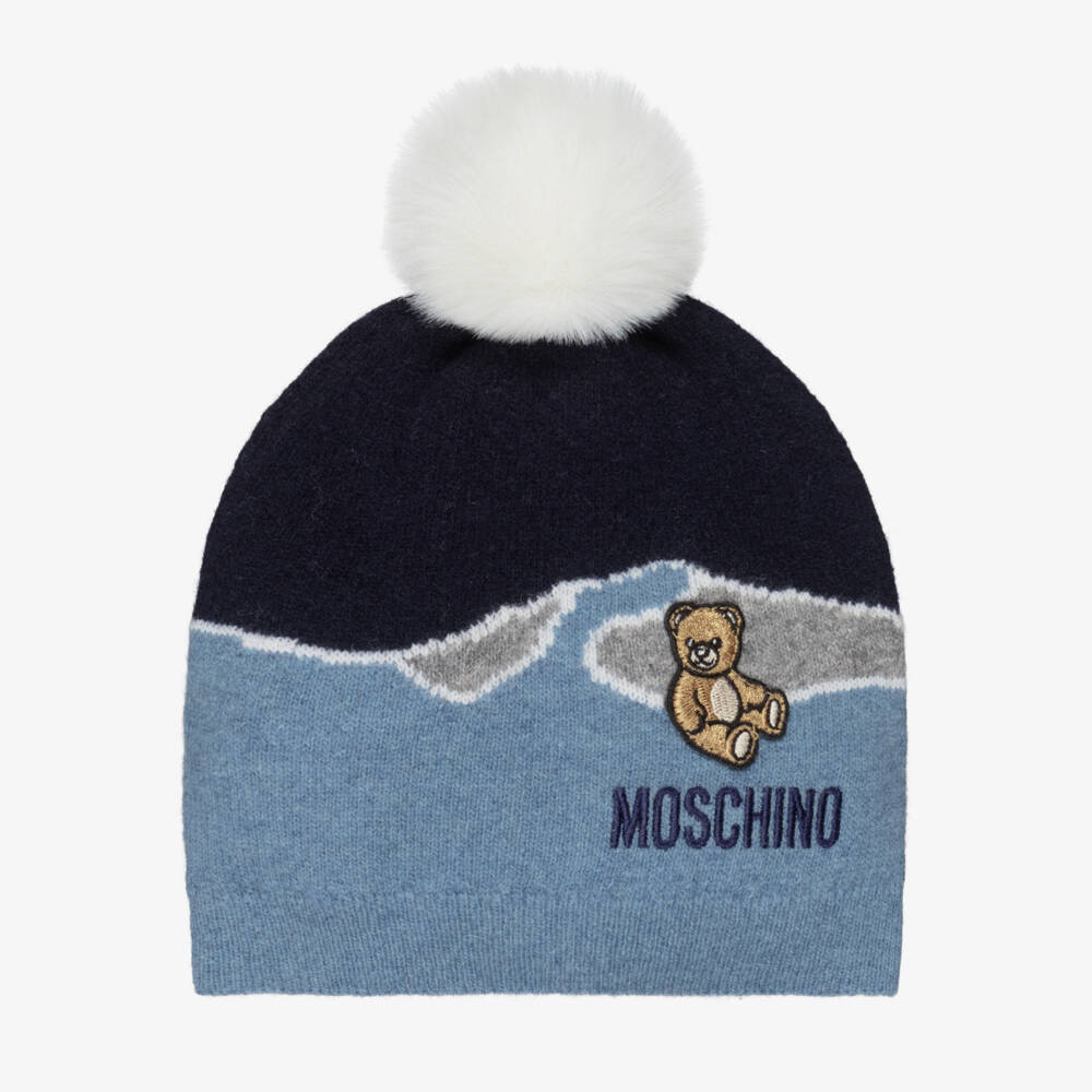 Moschino-Blue Wool Knit Pom-Pom Baby Hat | Childrensalon Outlet