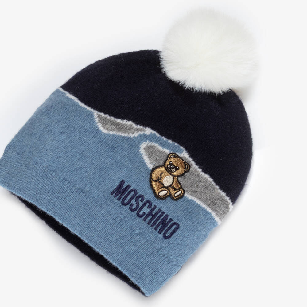 Moschino-Blue Wool Knit Pom-Pom Baby Hat | Childrensalon Outlet