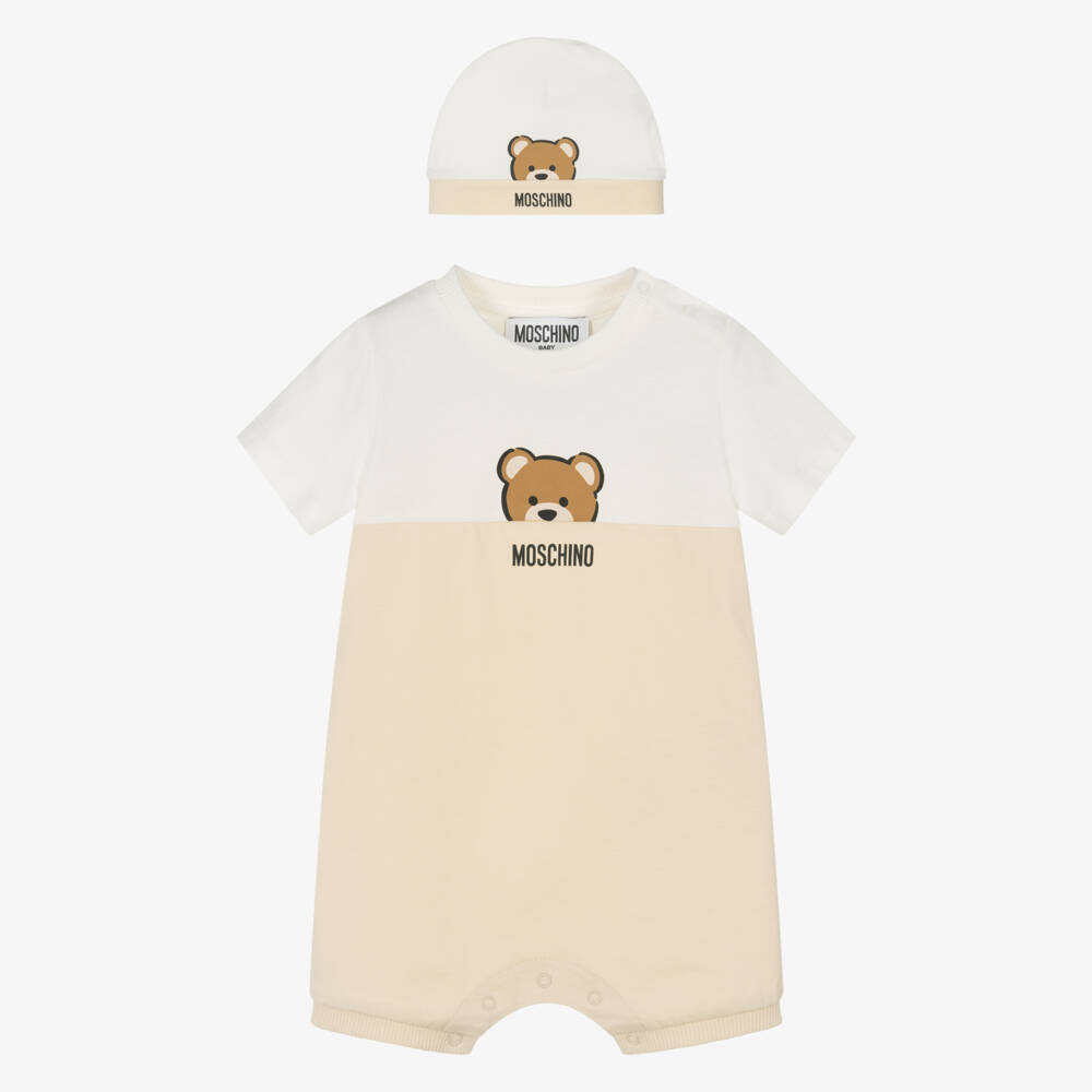 Moschino-Boys Beige Bear Cotton Shortie Set | Childrensalon Outlet