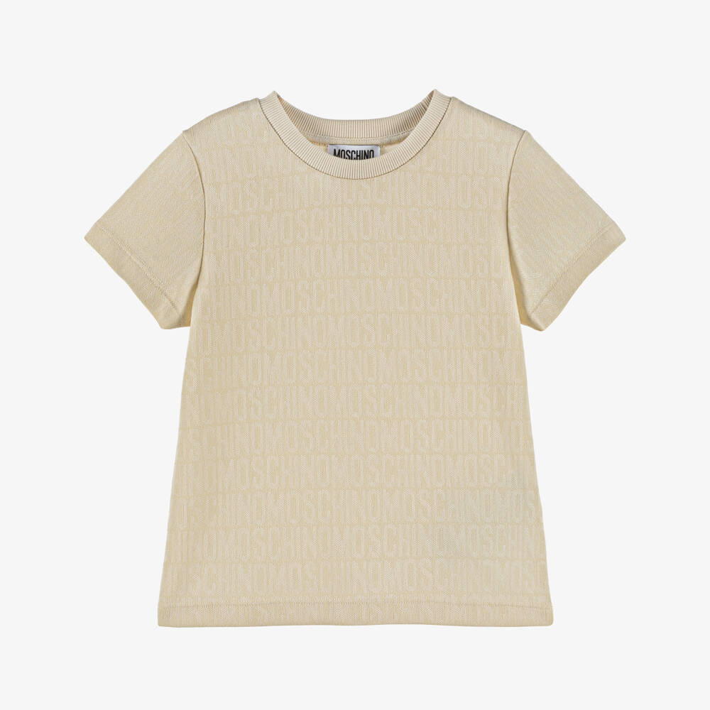 Moschino-Boys Beige Jacquard Logo Tee | Childrensalon Outlet