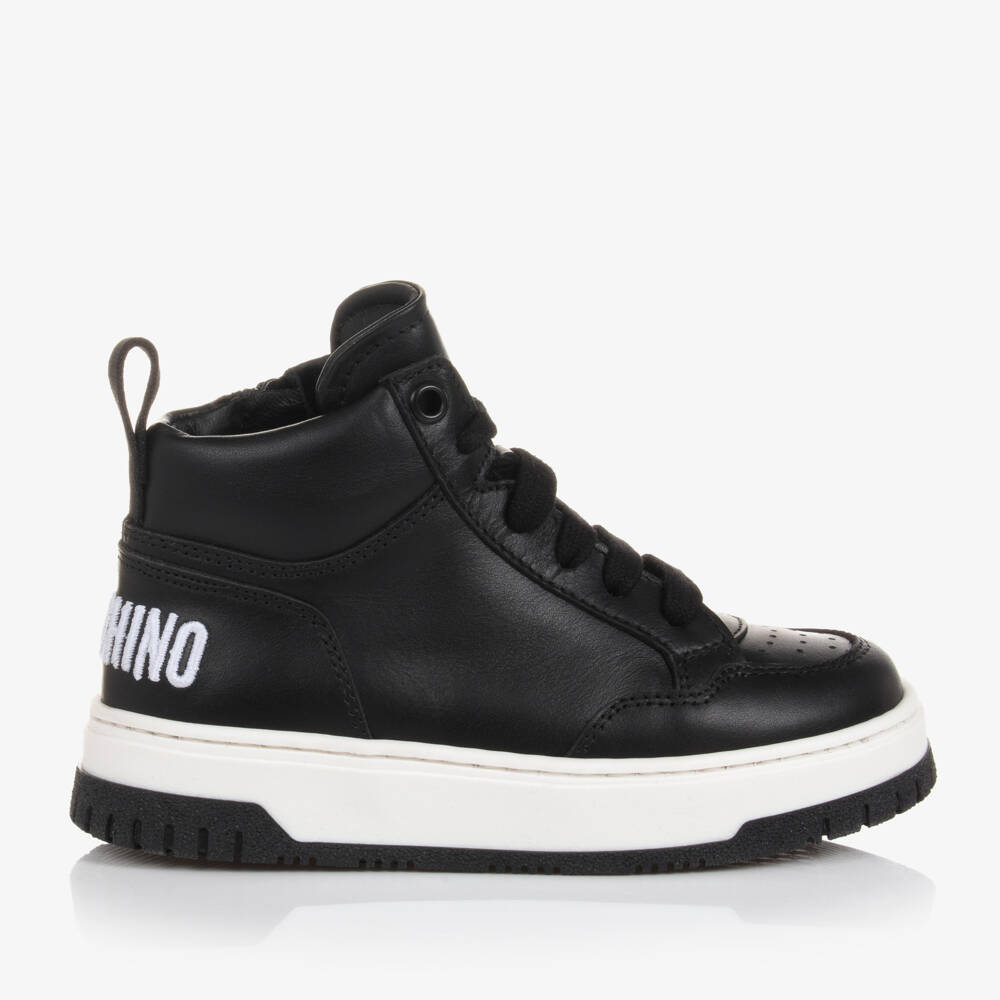 Moschino Кид-Тин-Высокие черно-белые кожаные кроссовки | Childrensalon Outlet