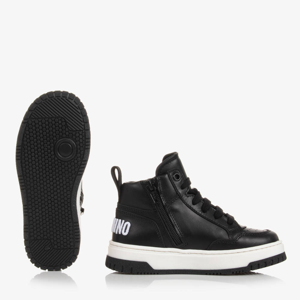 Moschino Кид-Тин-Высокие черно-белые кожаные кроссовки | Childrensalon Outlet