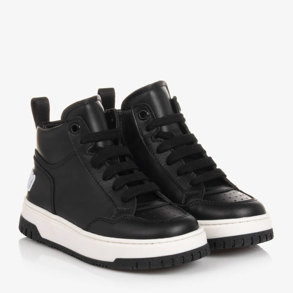 Moschino Кид-Тин-Высокие черно-белые кожаные кроссовки | Childrensalon Outlet