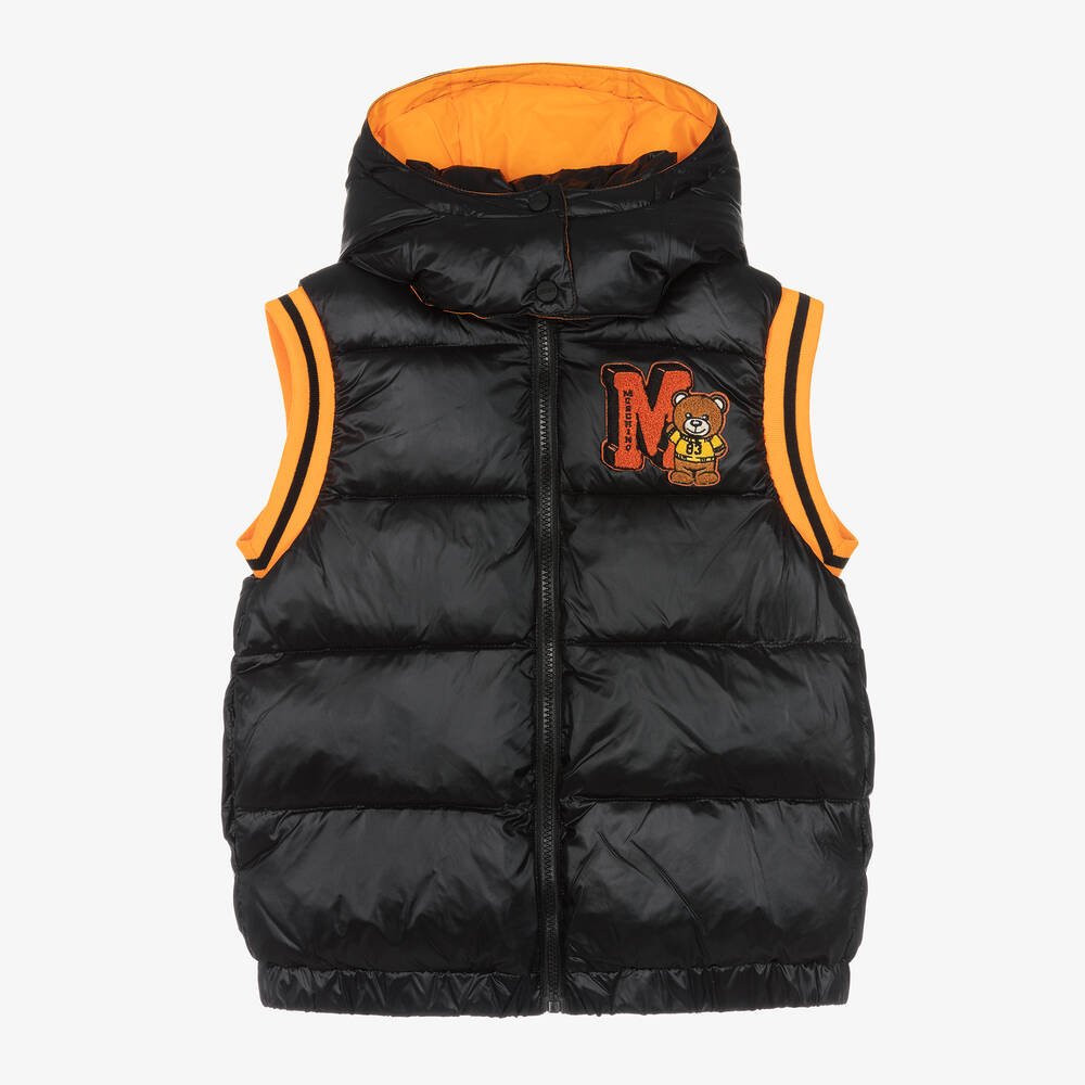 Moschino Kid Teen Boys Black Orange Hooded Puffer Gilet Childrensalon Outlet